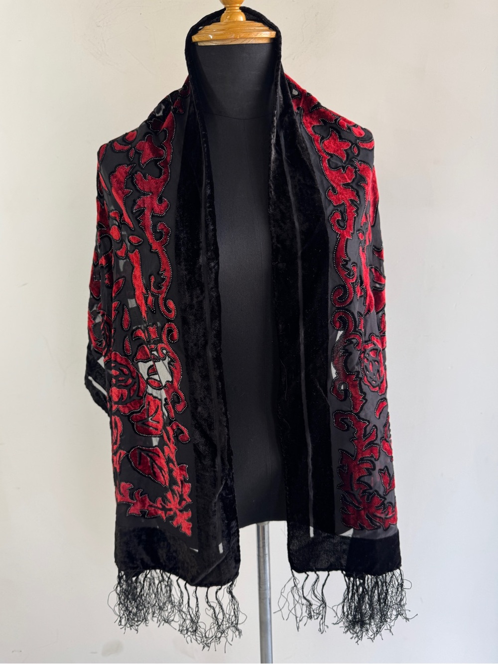 Black Red Burnout Velvet Shawl Wrap Embroidered Fringe Boho Evening Scarf Goth